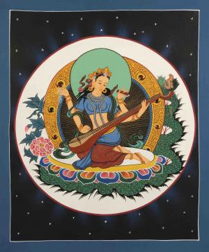 Saraswati Thangka Painting | Original Hand-Painted Hindu Goddess | Hindu Deity Of Knowledge